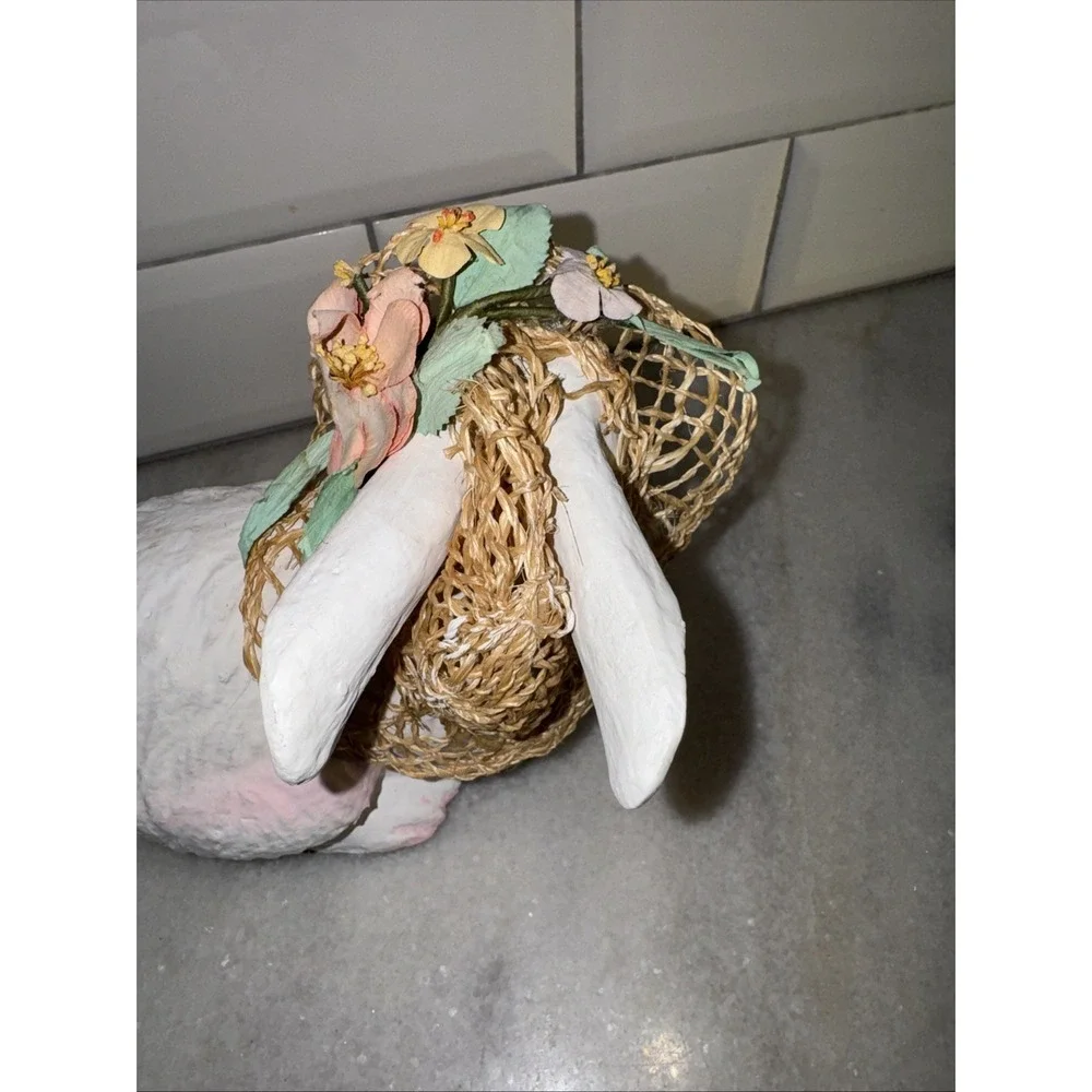 VINTAGE PAPER MACHE SITTING GIRL BUNNY W/ STRAW HAT MADE IN THE‎ PHILIPPINES